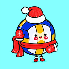 Funny smiling happy volleyball and christmas hat. Vector flat cartoon character illustration icon design. Isolated on blue background