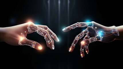 Human and humanoid hands touching. Artificial Intelligence concept. Generative AI