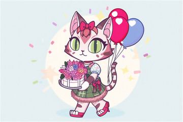 Watercolor Illustration of a cartoon anime style cat, flowers and heart-shaped balloons. Happy birthday holiday. Generated AI