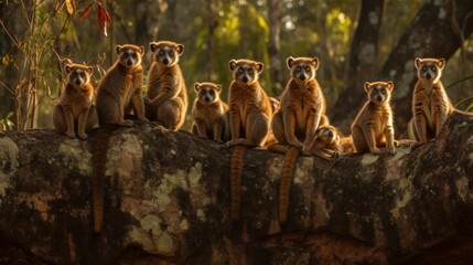 Group of lemurs sunbathing on a rock in the jungle. Generative AI