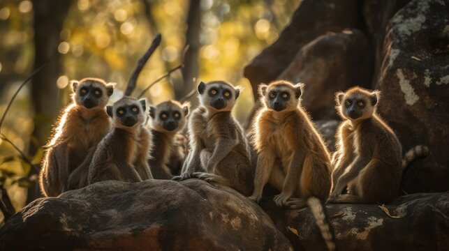 Group of lemurs sunbathing on a rock in the jungle. Generative AI