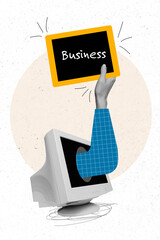 Vertical collage image of back white colors arm fingers through computer monitor hold business tablet isolated on creative background