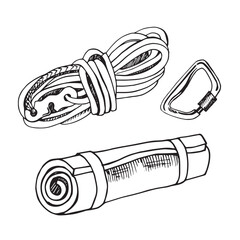 doodle icons. climbing equipment. Maat, carabiner, sleeping mat. vector illustration. hand drawn sketch