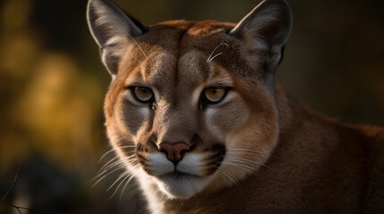Close-up of a puma's face in the forest. Generative AI