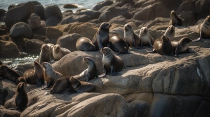 Group of seals sunbathing on a rock in the sea. Generative AI