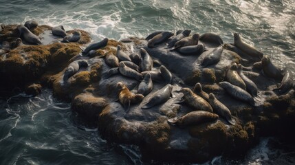 Obraz premium Group of seals sunbathing on a rock in the sea. Generative AI
