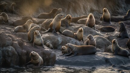 Group of seals sunbathing on a rock in the sea. Generative AI