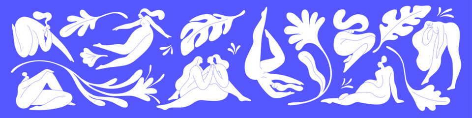 Modern Matisse-styled women silhouettes, leaf plants set. Contemporary trendy creative elements, abstract leaves, branches, girls bodies clip-arts collection. Isolated flat vector illustrations