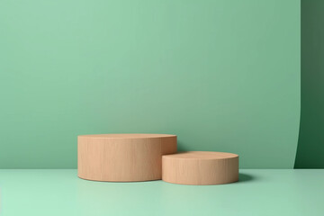 Beige and sage green podium display background and natural shadow. Round stand for cosmetic products. Beauty product promotion mockup. Generative AI