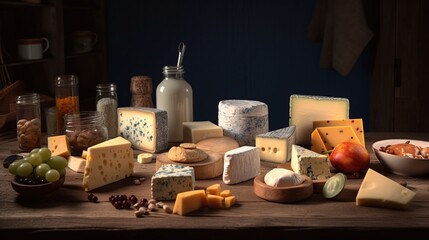 different types of cheeses on a wooden table in a restaurant. dairy products. generative ai