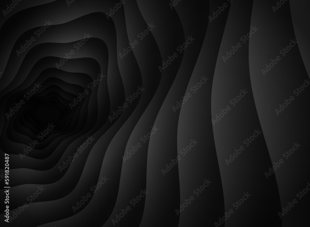 Poster abstract unusual horizontal illustration of curved volumetric gradient black and gray lines or shape