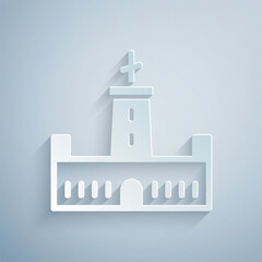 Paper cut Montjuic castle icon isolated on grey background. Barcelona, Spain. Paper art style. Vector