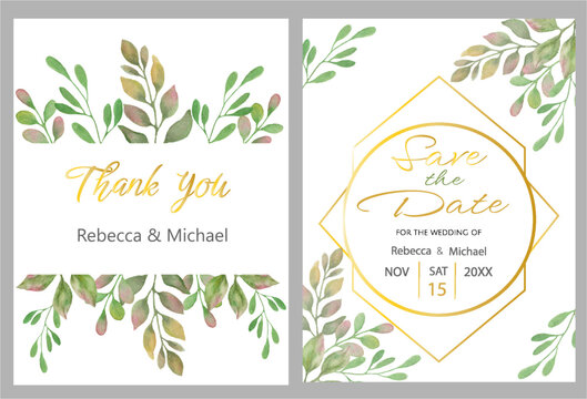 Watercolor botanical card template. Invitation cards. Hand drawing illustration isolated on pastel background. Vector EPS.