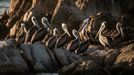 Group of pelicans perched on a rock in the sea. Generative AI