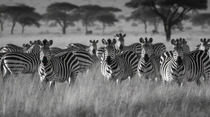 Fototapeta na wymiar Group of zebras grazing on a grassy plain. Generative AI