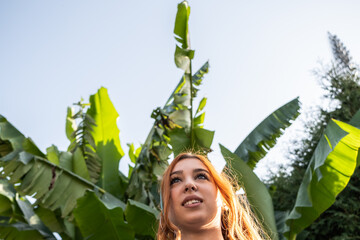 Smiling Woman with Green Floral Food