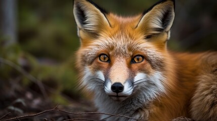 Fototapeta premium Close-up of a red fox's face in the forest. Generative AI