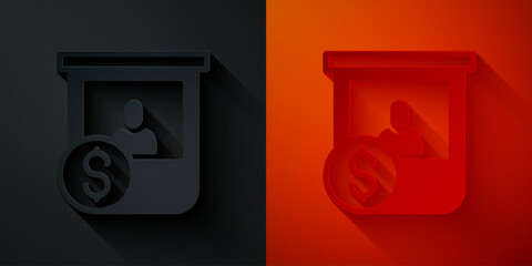 Paper cut Casino chips exchange on stacks of dollars icon isolated on black and red background. Paper art style. Vector