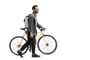 Young handsome man with bike isolated transparent PNG, Full length portrait of smiling student man with bicycle, Modern healthy lifestyle, travel, casual business concept - 591821409