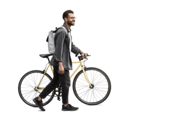 Young handsome man with bike isolated transparent PNG, Full length portrait of smiling student man with bicycle, Modern healthy lifestyle, travel, casual business concept