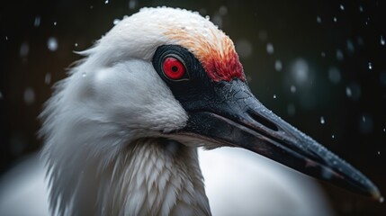 Fototapeta premium Close-up of a red-crowned crane's face in the snow. Generative AI