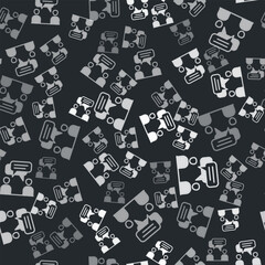 Grey Two sitting men talking icon isolated seamless pattern on black background. Speech bubble chat. Message icon. Communication or comment chat symbol. Vector