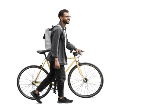 Young handsome man with bike isolated transparent PNG, Full length portrait of smiling student man with bicycle, Modern healthy lifestyle, travel, casual business concept