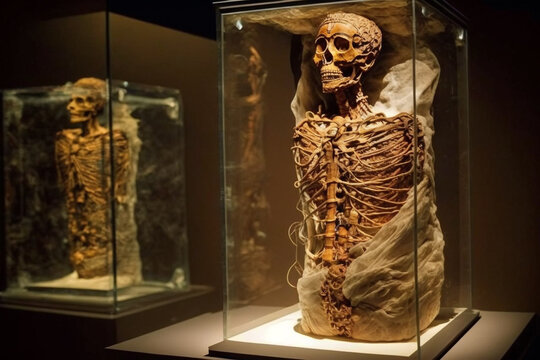 Momias en vitrina expuestas en museo. Generative ai.