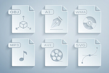 Set AVI file document, WMA, MP3, SVG, AI and OBJ icon. Vector