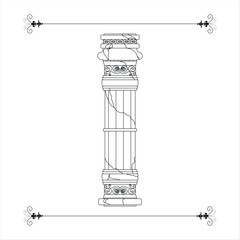 Graphic element - antique column with cracks, frame with pattern. Black line on white background.