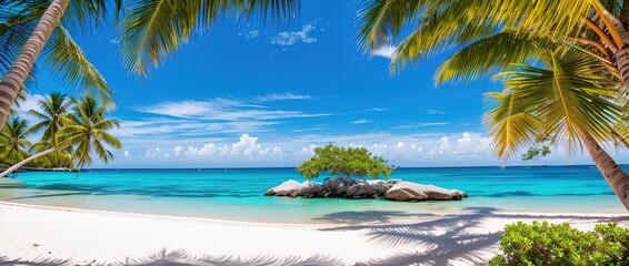 Fototapeta Paradise beach of a tropical island, palm trees, white sand, azure water, Generative AI. obraz