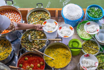 Thai street food seen from above, Thai food found at Bangkok's floating market. an excellent place to eat tasty meals in Thailand.