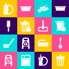 Set Trash can, Toilet brush, and garbage bag, Washing hands with soap, Adhesive roller, Dishwashing liquid bottle plate and Mop icon. Vector