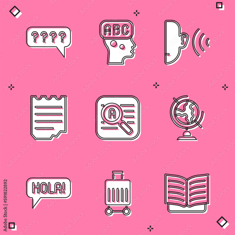 Poster set speech bubbles with question, learning foreign languages, ear listen sound signal, notebook, tra