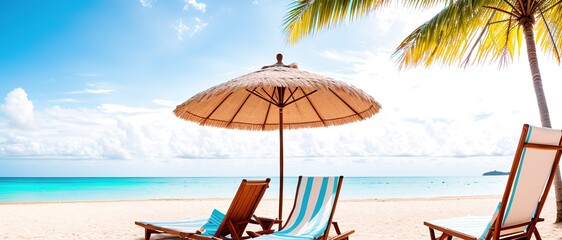 Umbrella and deck chair under a palm tree on the beach of a tropical island with an azure sea, Generative AI.