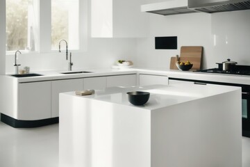 Fototapeta na wymiar Close view on bright kitchen room interior with white wall , Generative AI.