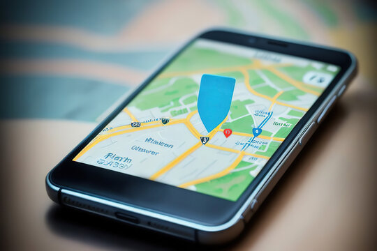 Map GPS navigation, Smartphone map application and location pin place marker pinpoint on screen, Generative AI