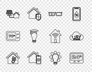 Set line House temperature, Thermostat, Smart glasses, home remote control system, with solar panel, Light bulb and graduation cap, gear and Internet of things icon. Vector