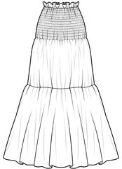 womens long smocked maxi skirt flat sketch vector illustration technical cad drawing template