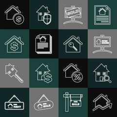Set line Rising cost of housing, Search house, Hanging sign with Open, Sold, House contract, dollar, and key icon. Vector