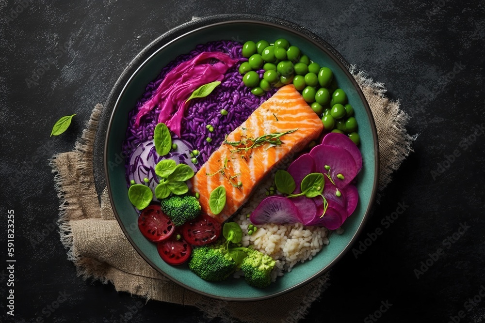 Poster salmon radish red cabbage edamame beans and sesame seeds top a bowl of rice in this buddhist meal. s