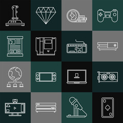 Set line Playing card with diamonds, Video graphic, game console, Coin for, Cartridge, Game guide, Joystick arcade machine and Computer keyboard icon. Vector