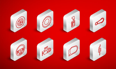 Set line Car muffler, tire, Gear shifter, door handle, mirror, wheel, engine and Steering icon. Vector