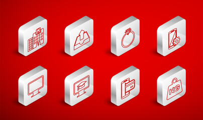 Set line Weight, Upload inbox, Diamond engagement ring, Setting smartphone, NFC Payment, Dental clinic, Monitor with graduation cap and Computer monitor screen icon. Vector