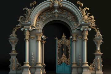 Fototapeta na wymiar highly decorative archway with a bright blue door. Generative AI