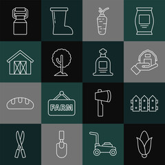 Set line Corn, Garden fence wooden, Farm house in hand, Carrot, Tree, Can container for milk and Full sack icon. Vector