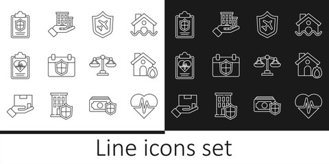 Set line Health insurance, Fire burning house, Plane with shield, Calendar, Document, Scales of justice and House icon. Vector