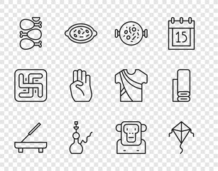 Set line Scented spa stick, Kite, Chicken tikka masala, Hookah, Tandoori chicken, Indian symbol hand, Monkey and textile fabric icon. Vector