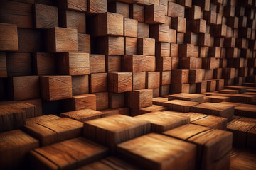 Creative 3d wooden wall surface with square tiles texture cubes brown background