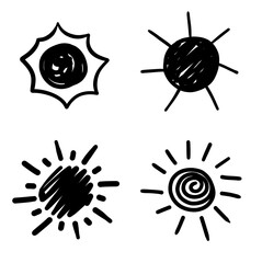 Scribble doodle sun hand drawn simple drawing vector icon weather climate positive emotion set